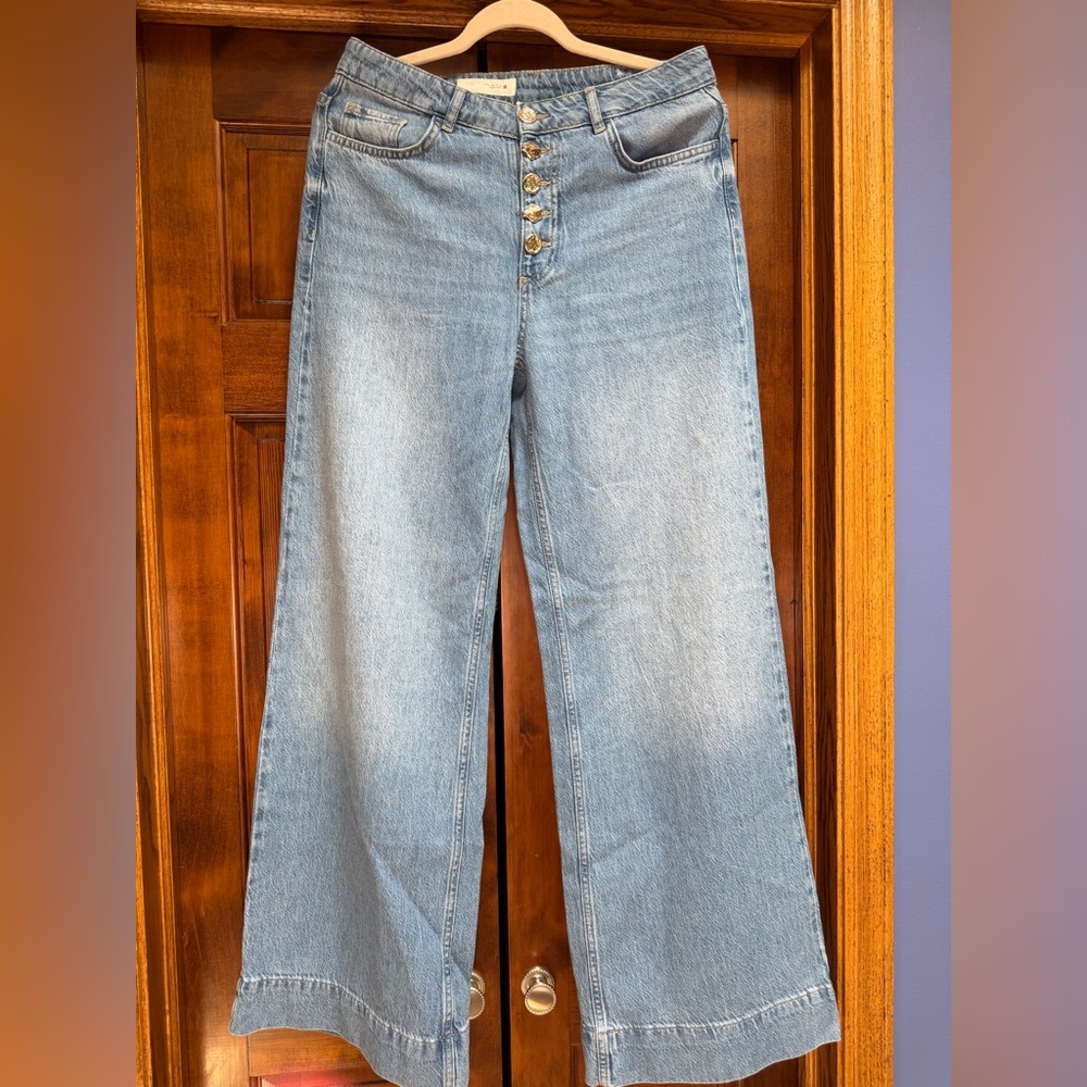 Zara NWOT size 6 Light Blue High-Rise Wide Leg Jeans with Gold Button Fly Detail